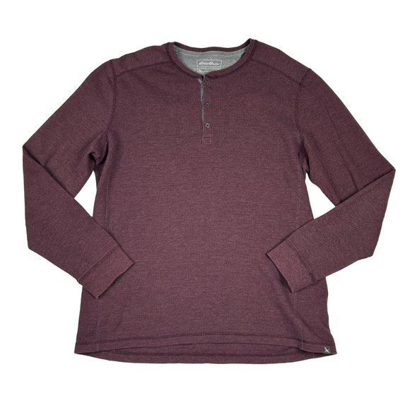 Eddie Bauer Shirt Mens TXL Burgundy Henley Tall Long Sleeve Thermal Waffle Knit - Picture 1 of 14
